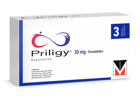 A pack of three 30 mg Priligy tablets.