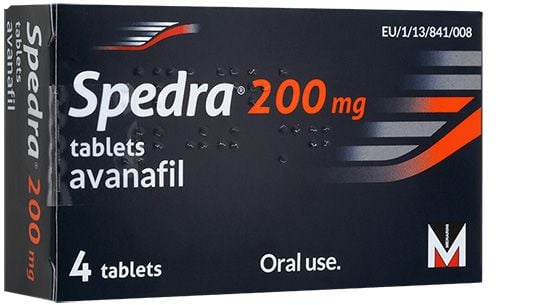 A pack of four 200 mg Spedra tablets.