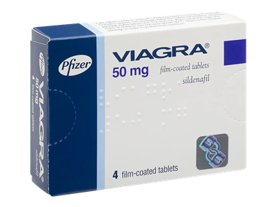 A pack of four 50 mg Viagra tablets.