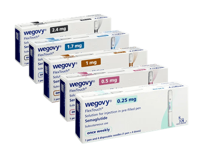 Pack of Wegovy 0.25mg, Wegovy 0.5mg, Wegovy 1mg, Wegovy 1.7mg, and Wegovy 2.4mg
