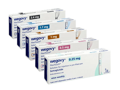 Pack of Wegovy 0.25mg, Wegovy 0.5mg, Wegovy 1mg, Wegovy 1.7mg, and Wegovy 2.4mg
